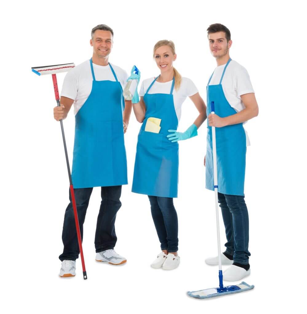 Two smiling cleaners with cleaning supplies ready to work.