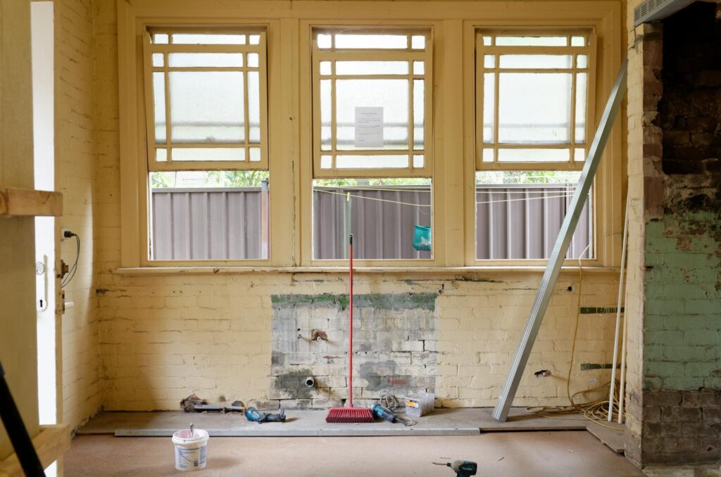 a room with a ladder and tools