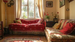 a bright, inviting airbnb living space in london, showcasing immaculate cleanliness with fresh linens, sparkling surfaces, and vibrant decor that embodies a welcoming atmosphere for guests.
