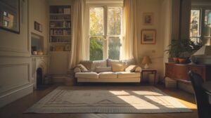 a pristine, elegantly designed london airbnb interior is illuminated by soft natural light, showcasing a cozy living space adorned with stylish furnishings and a welcoming atmosphere, emphasizing the importance of immaculate cleanliness for guests.