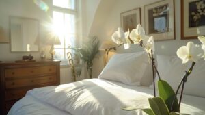 a pristine, sunlit london airbnb room, featuring immaculate white linens, gleaming surfaces, and fresh flowers, exuding an inviting atmosphere of cleanliness and comfort.