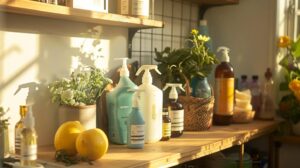 a stylishly arranged selection of eco-friendly cleaning products displayed against the backdrop of a chic london airbnb interior, bathed in warm, natural light.