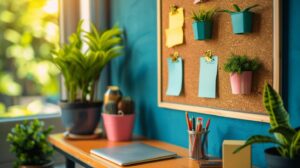 a vibrant and organized workspace showcases an elegant checklist pinned on a pristine corkboard, symbolizing the meticulous planning and efficiency needed for london airbnb hosts to create effective cleaning schedules.